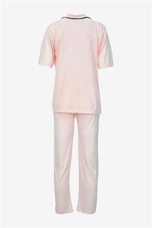 Kısa Kollu Düğmeli Biyeli Pijama Takımı -Somon