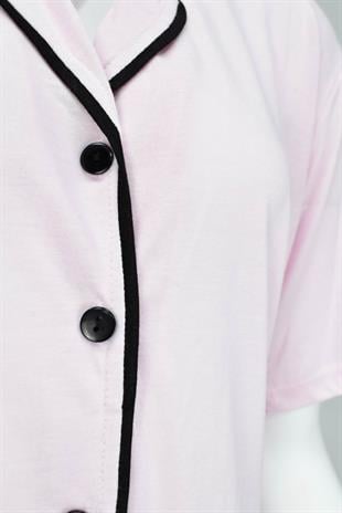 Kısa Kollu Düğmeli Biyeli Pijama Takımı -Toz Pembe