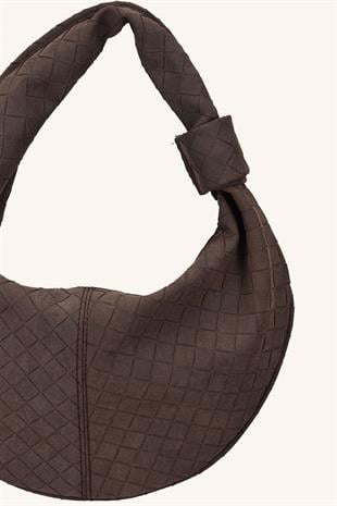 Luxe Model Yuvarlak Süet Çanta - Acı Kahve