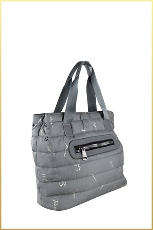 Mely Paraşüt Kumaş Yazılı Büyük Boy El ve Omuz Çantası - Gri