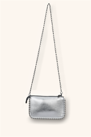 Mini Boncuklu Çanta - Gümüş