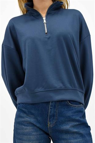 Modal Kumaş Fermuarlı Sweatshirt - İndigo