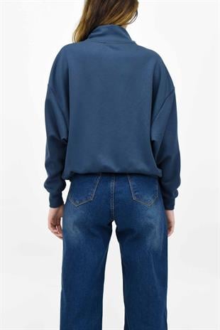 Modal Kumaş Fermuarlı Sweatshirt - İndigo