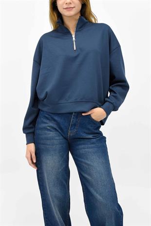 Modal Kumaş Fermuarlı Sweatshirt - İndigo