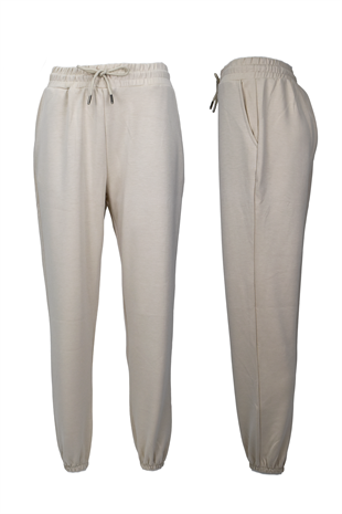 Modal Kumaş Lastik Paça Cepli Eşofman Altı - Krem