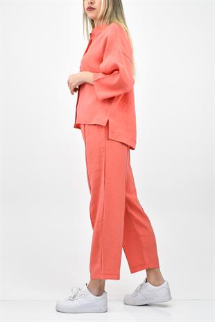 Modal Yarım Kol Gömlek Pantolon Takım - Nar Çiçeği