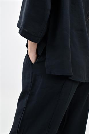 Modal Yarım Kol Gömlek Pantolon Takım - Siyah