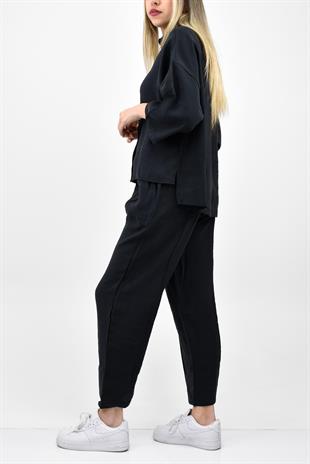 Modal Yarım Kol Gömlek Pantolon Takım - Siyah