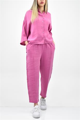 Modal Yarım Kol Gömlek Pantolon Takım - Fuşya