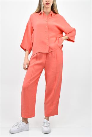 Modal Yarım Kol Gömlek Pantolon Takım - Nar Çiçeği