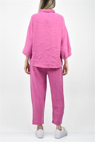 Modal Yarım Kol Gömlek Pantolon Takım - Fuşya