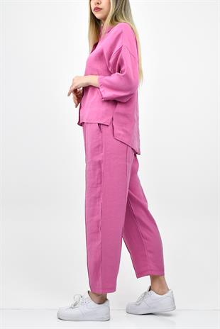 Modal Yarım Kol Gömlek Pantolon Takım - Fuşya