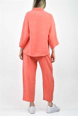 Modal Yarım Kol Gömlek Pantolon Takım - Nar Çiçeği