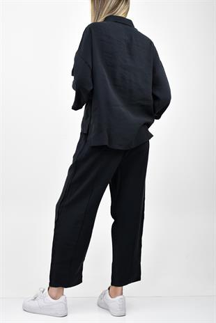 Modal Yarım Kol Gömlek Pantolon Takım - Siyah