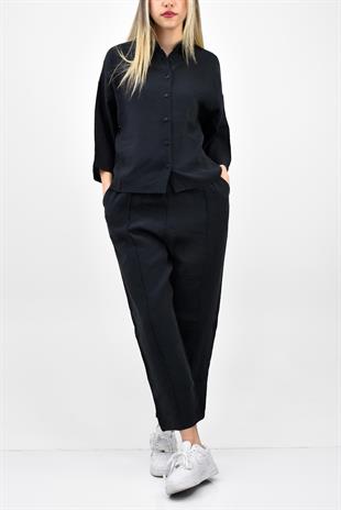 Modal Yarım Kol Gömlek Pantolon Takım - Siyah