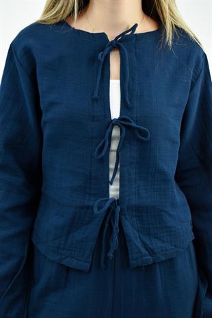 Müslin Keten Görünümlü Bağlamalı İkili Takım- Lacivert