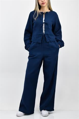 Müslin Keten Görünümlü Bağlamalı İkili Takım- Lacivert