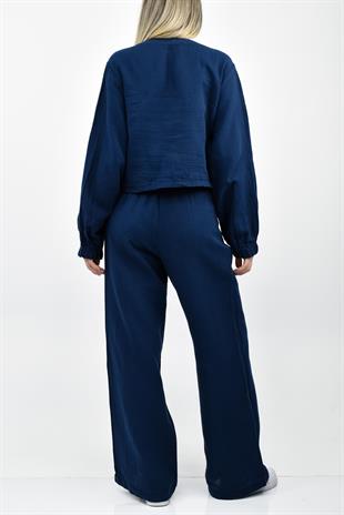 Müslin Keten Görünümlü Bağlamalı İkili Takım- Lacivert