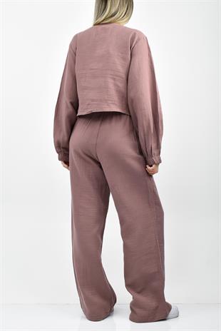 Müslin Keten Görünümlü Bağlamalı İkili Takım- Gül Kurusu