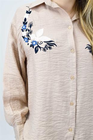 Nakış Detaylı Gömlek-Pantolon Takım - Bej