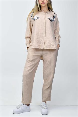 Nakış Detaylı Gömlek-Pantolon Takım - Bej