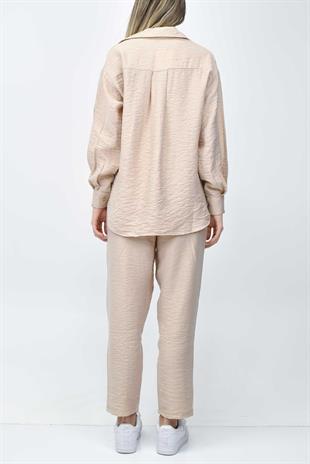 Nakış Detaylı Gömlek-Pantolon Takım - Bej