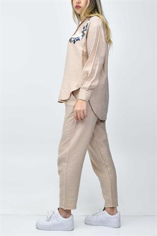 Nakış Detaylı Gömlek-Pantolon Takım - Bej