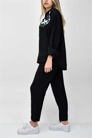 Nakış Detaylı Gömlek-Pantolon Takım - Siyah