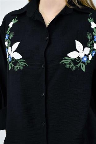 Nakış Detaylı Gömlek-Pantolon Takım - Siyah