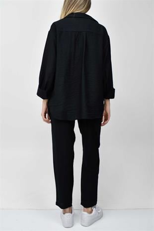 Nakış Detaylı Gömlek-Pantolon Takım - Siyah