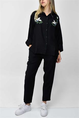 Nakış Detaylı Gömlek-Pantolon Takım - Siyah