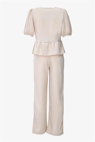 Önden Bağlamalı Gofre Kumaş İkili Takım - Bej