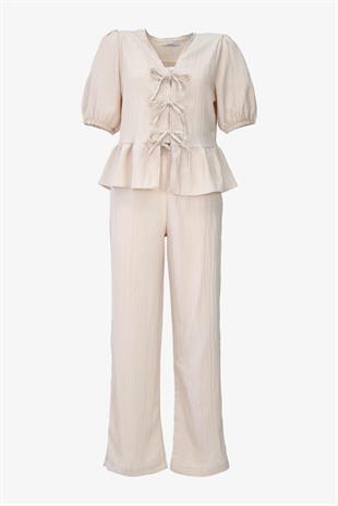 Önden Bağlamalı Gofre Kumaş İkili Takım - Bej