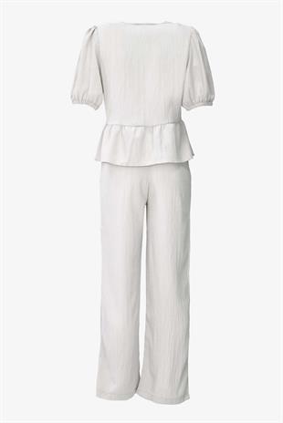 Önden Bağlamalı Gofre Kumaş İkili Takım - Krem