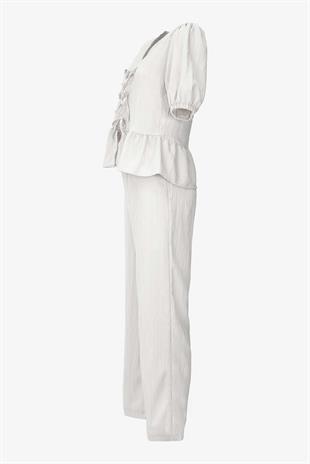 Önden Bağlamalı Gofre Kumaş İkili Takım - Krem