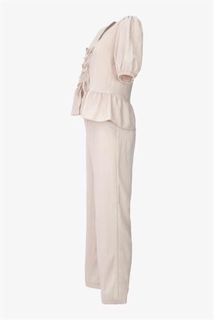 Önden Bağlamalı Gofre Kumaş İkili Takım - Bej