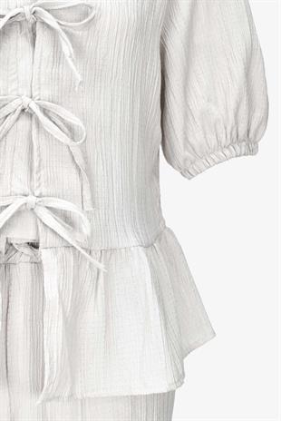 Önden Bağlamalı Gofre Kumaş İkili Takım - Krem