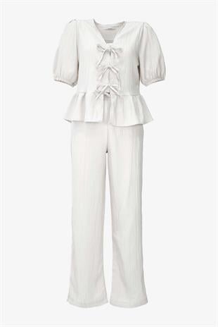 Önden Bağlamalı Gofre Kumaş İkili Takım - Krem