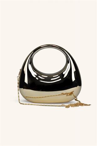 Oval Tutmalı Parlak Abiye Çanta - Gold