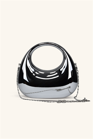 Oval Tutmalı Parlak Abiye Çanta - Gümüş