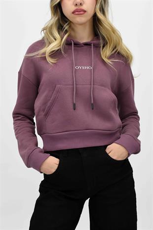  Kapüşonlu Baskılı Cep Detaylı Sweatshirt - Gül Rengi