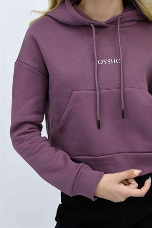  Kapüşonlu Baskılı Cep Detaylı Sweatshirt - Gül Rengi