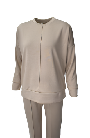Rahat Kalıp Geniş Paça Modal Kumaş Uzun Kollu Eşofman Takımı  - Bej