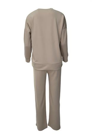 Rahat Kalıp Geniş Paça Modal Kumaş Uzun Kollu Eşofman Takımı  - Bej
