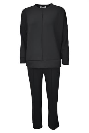 Rahat Kalıp Geniş Paça Modal Kumaş Uzun Kollu Eşofman Takımı  - Siyah