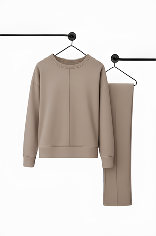 Rahat Kalıp Geniş Paça Modal Kumaş Uzun Kollu Eşofman Takımı  - Bej