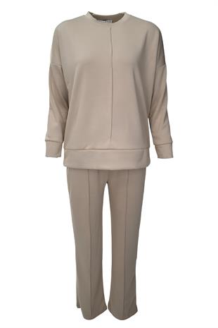 Rahat Kalıp Geniş Paça Modal Kumaş Uzun Kollu Eşofman Takımı  - Bej