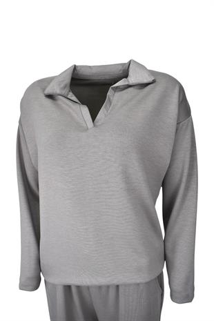 Rahat Kalıp Polo Yaka Modal Kumaş Uzun Kollu Eşofman Takımı  - Vizon