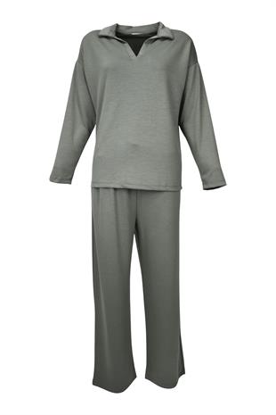 Rahat Kalıp Polo Yaka Modal Kumaş Uzun Kollu Eşofman Takımı  - Yeşil