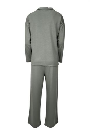 Rahat Kalıp Polo Yaka Modal Kumaş Uzun Kollu Eşofman Takımı  - Yeşil